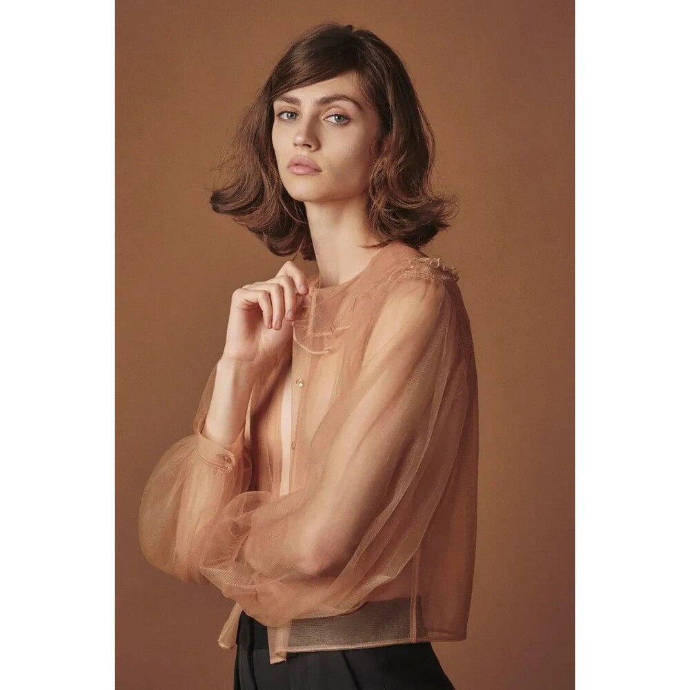 NWT Rebecca Taylor Tulle Blouse in Shade Opera (Tan/Blush) Women's Size 10 $265